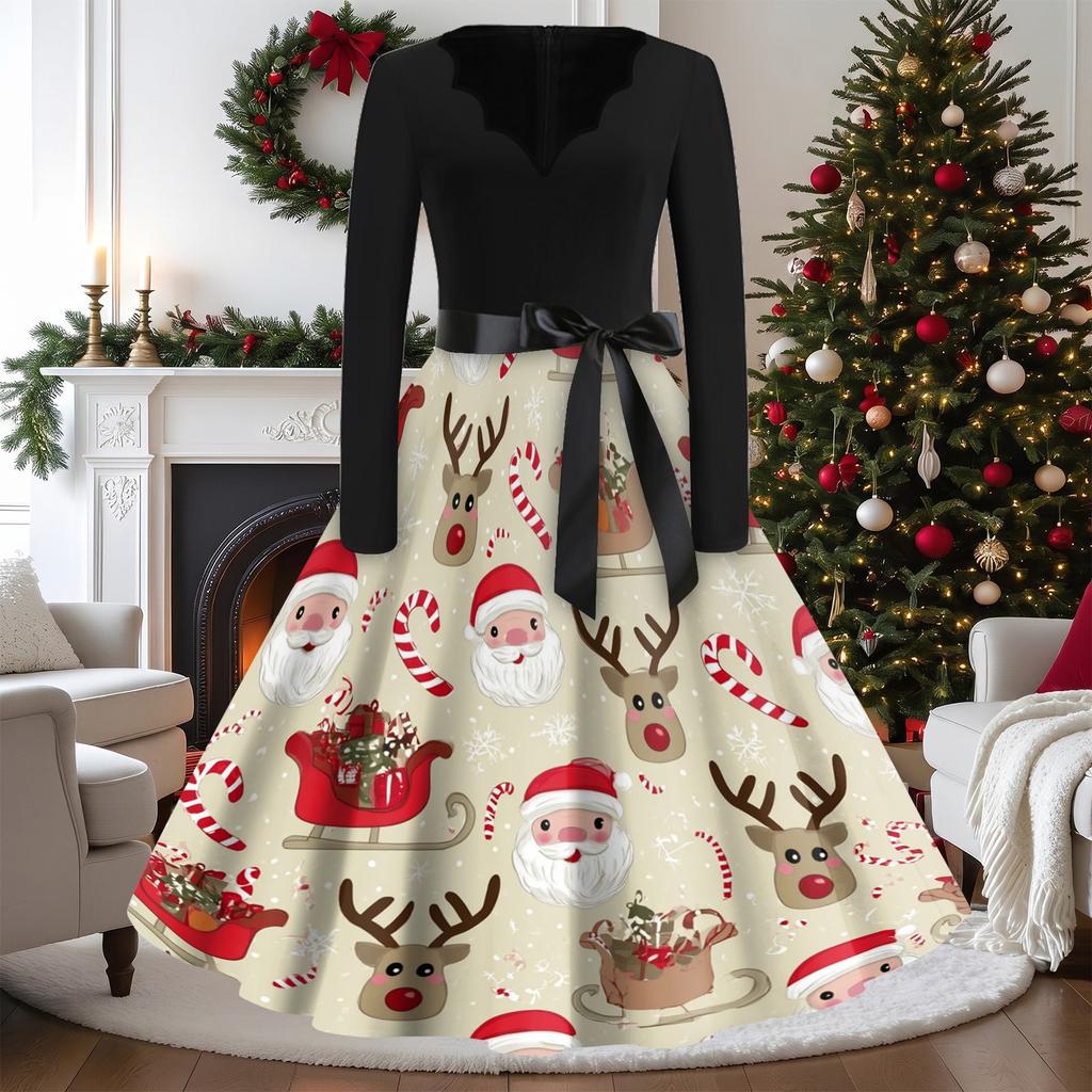 Women's Casual Vintage V-Neck Long Sleeve Dress with Christmas Print