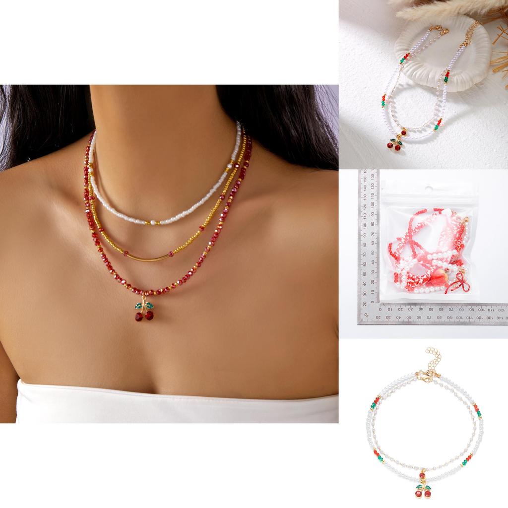 Ensemble collier et ras-de-cou ras-de-cou à plusieurs rangs de perles, pendentif fraise d'été pour femme