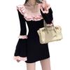 Chic Black Knit Dress with Lace Collar and Bell Sleeves - Women's 2025 Autumn/Winter Waist-Cinched Short Skirt