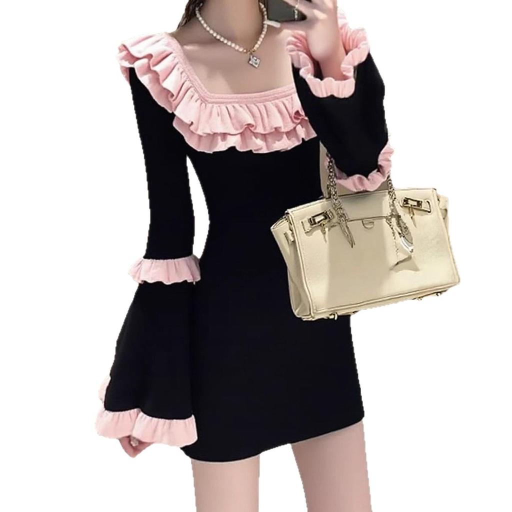 Chic Black Knit Dress with Lace Collar and Bell Sleeves - Women's 2025 Autumn/Winter Waist-Cinched Short Skirt