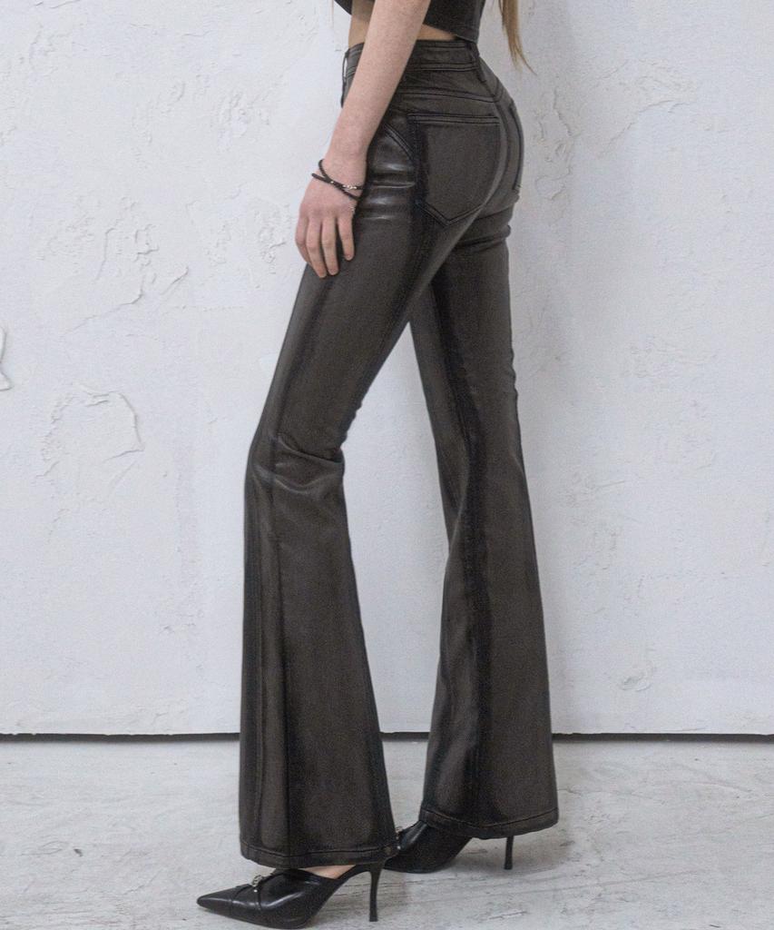 AVANDRESS Kunstleder Dünne Bootcut Hose Beschädigt Schwarz