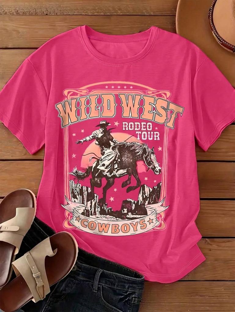 Wild West Cowboys Printing Women TShirt Casual Loose Crewneck Short Sleeve Tops Fashion Breathable Tees Summer Street Clothes