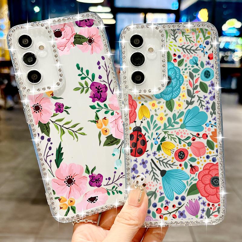 Ladybug Flowers Print Phone Case For Samsung Galaxy A55 A56 A54 A36 A15 A26 A16 S25 Edge S24 S22 Ultra S23 FE Diamond TPU Cover