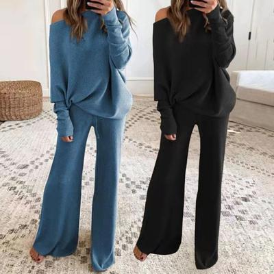 1 Set Pullover Pants Solid Color Drawstring Autumn Winter Slanted Neck Sweatshirt Sweatpants