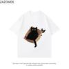 ZAZOMDE Vintage Cartoon Cat Box Print Tshirt Oversized Soft Cotton Short Sleeve Shirt Unisex Daily Wear Aesthetic Animal Tee
