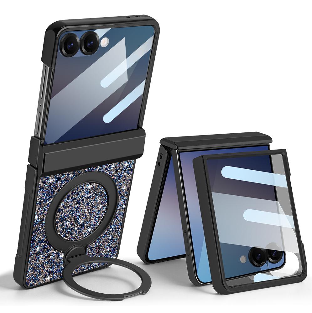 360 Magnetic Stand Hinge Protection Case for Samsung Galaxy Z Flip 8 7 Plating Glitter PU Leather Anti-peeping Glass Film Cover