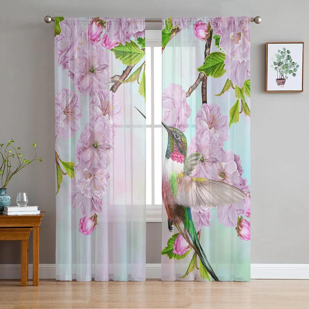 Sheer Hummingbird Pink Flower White Tulle Curtains Living Room Bedroom Decoration Transparent Chiffon Voile Window Curtain Polyester Washable Sitting