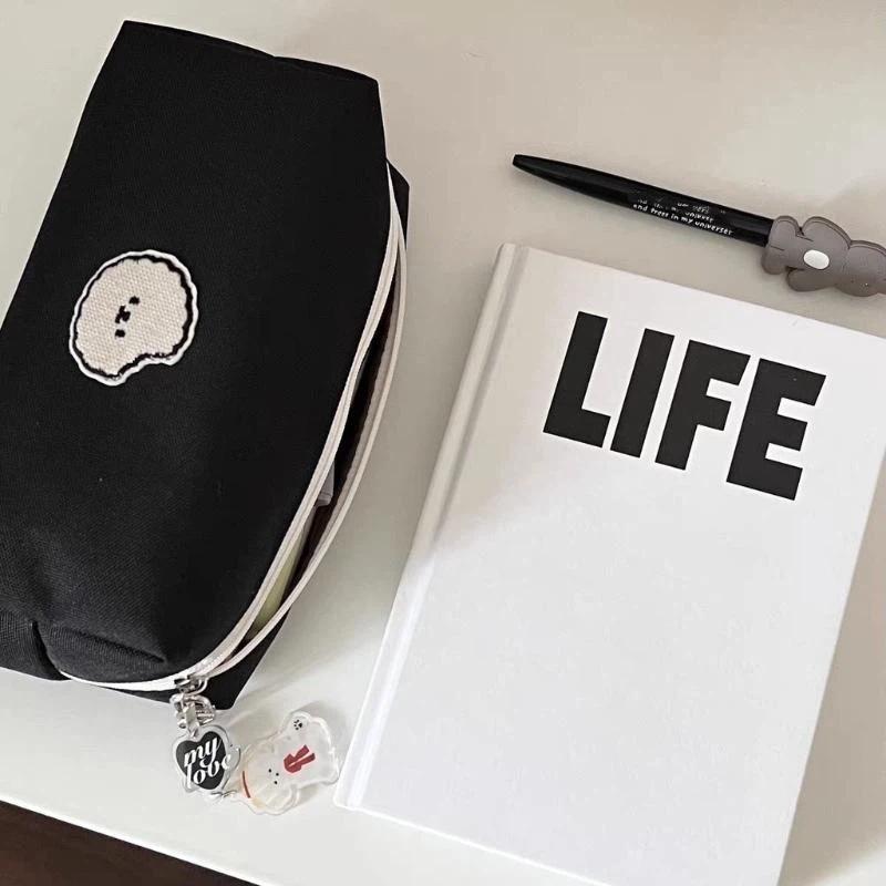 Black Puppy Canvas Pen Bag Pencil Case Student Cartoon Stationery Organizer For Teen School Supplies