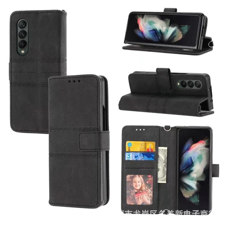 Applicable To Samsung ZFold4 Leather Mobile Phone Case Folding Screen ZFold3 Pattern Flip Wallet Portable Card Storage
