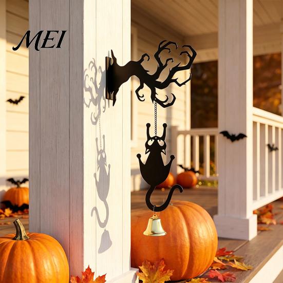 Gift for Holiday Enthusiasts Halloween Welcome Sign, Wall Mount 2D Acrylic Hanging Decor with Bell, Door Bell Decorations Gothic Black Cat Creepy