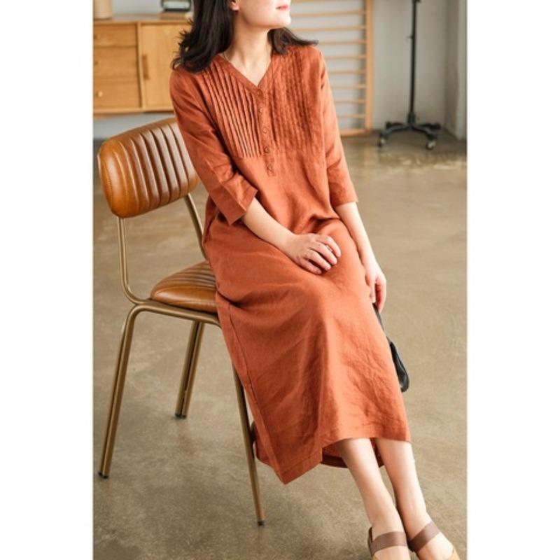 Spring and summer linen five-quarter-sleeved foreign-style age-reducing fashion dress women's casual V-neck thin knee-length dress