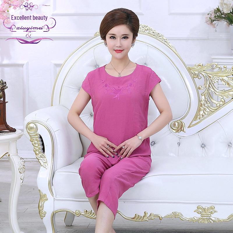 

Женский летний пижамный комплект из хлопка и льна – комплект из двух предметов с короткими рукавами для людей среднего и пожилого возраста, универсальный для дома и улицы 4XL фиолетовый