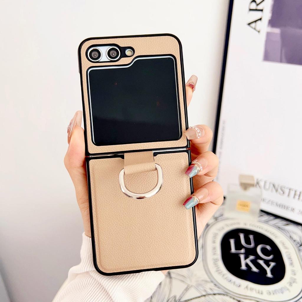 Coque Samsung Z Flip 7/6/5 Texturée Cuir avec Anneau - Housse de Protection Mode Couleur Unie