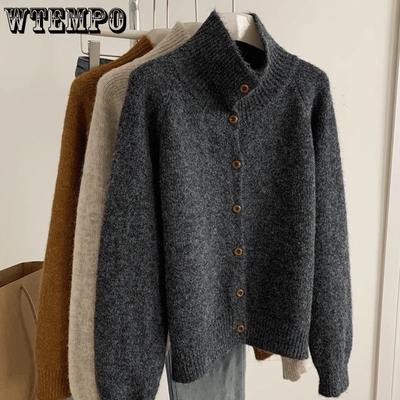 Spring and Autumn Lazy Style Standing Collar Knitted Cardigan Women's Soft High Collar Button Sweater