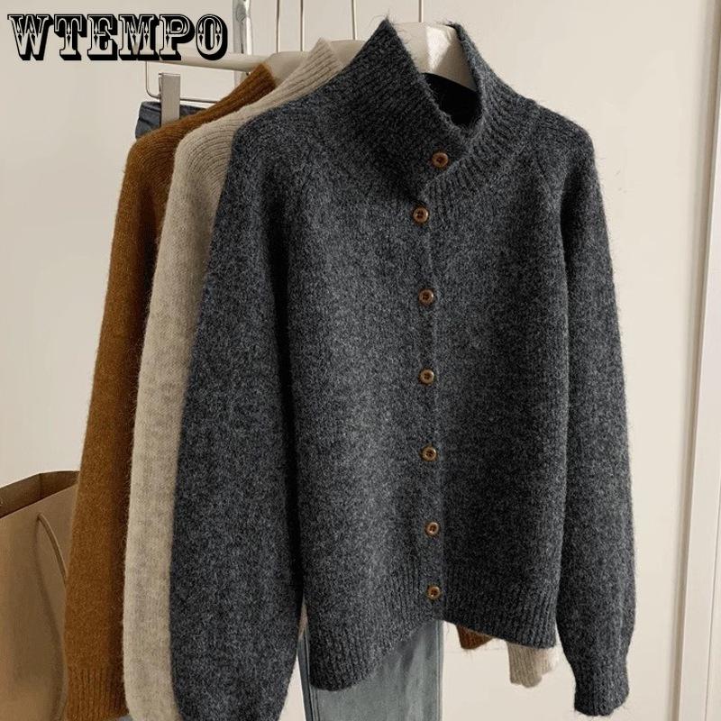 

Spring and Autumn Lazy Style Standing Collar Knitted Cardigan Women s Soft High Collar Button Sweater 3XL темно-сірий колір