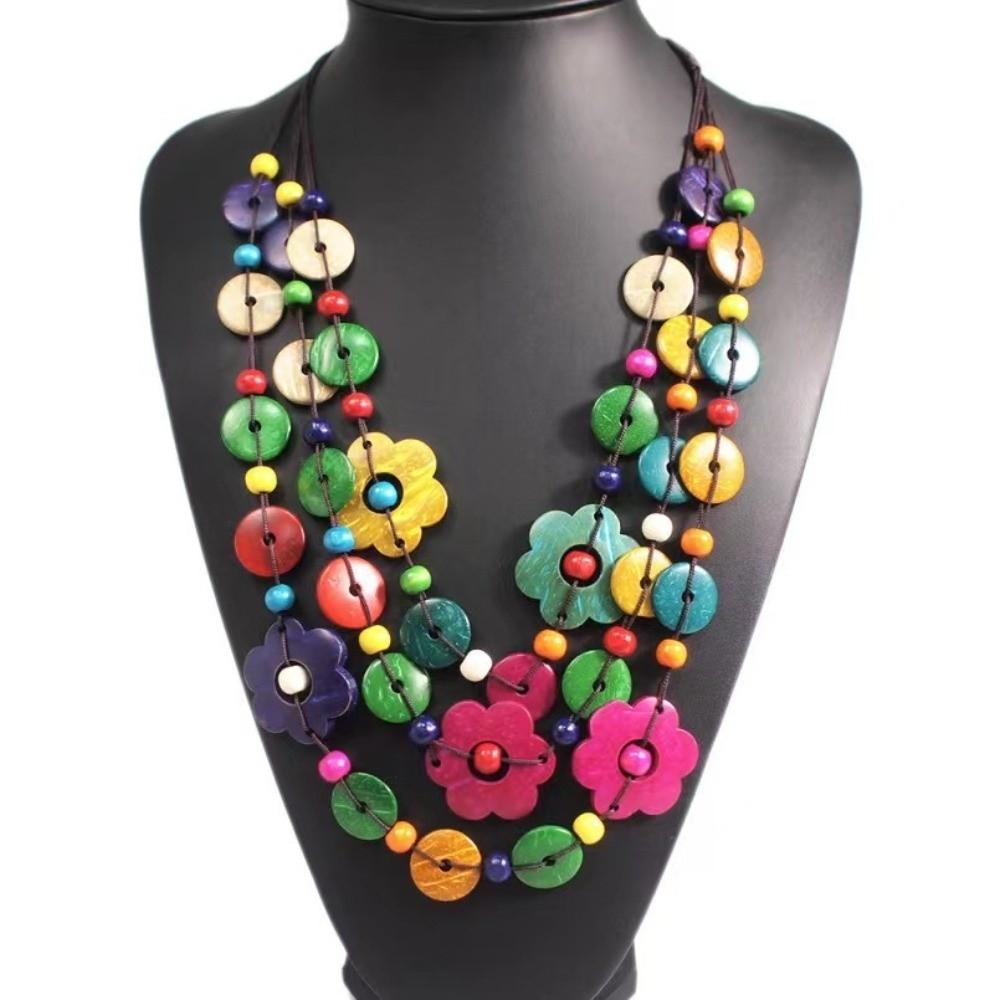 Bohemian Statement Choker Wood Pendant Flower Necklace Collar Ethnic Maxi Necklace