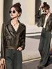 2025 Spring/Autumn Temperament Women's Slim Leather Jacket with Turn-Down Collar