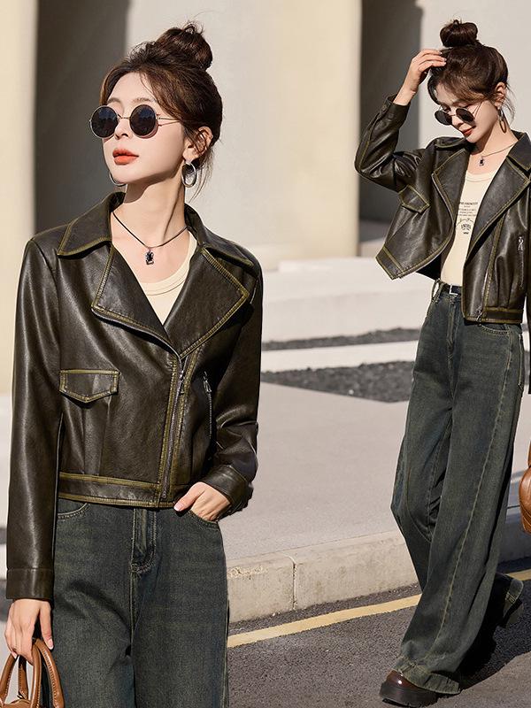 2025 Spring/Autumn Temperament Women's Slim Leather Jacket with Turn-Down Collar