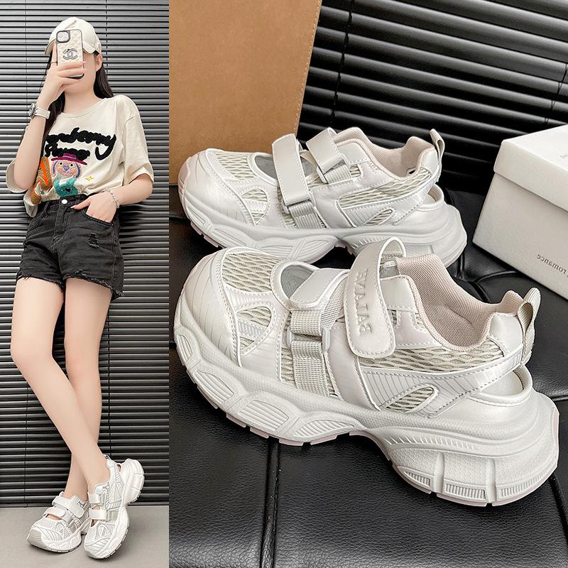 Leather hollow dad shoes women's 2025 new summer mesh breathable sports sandals versatile height increase casual shoes trend