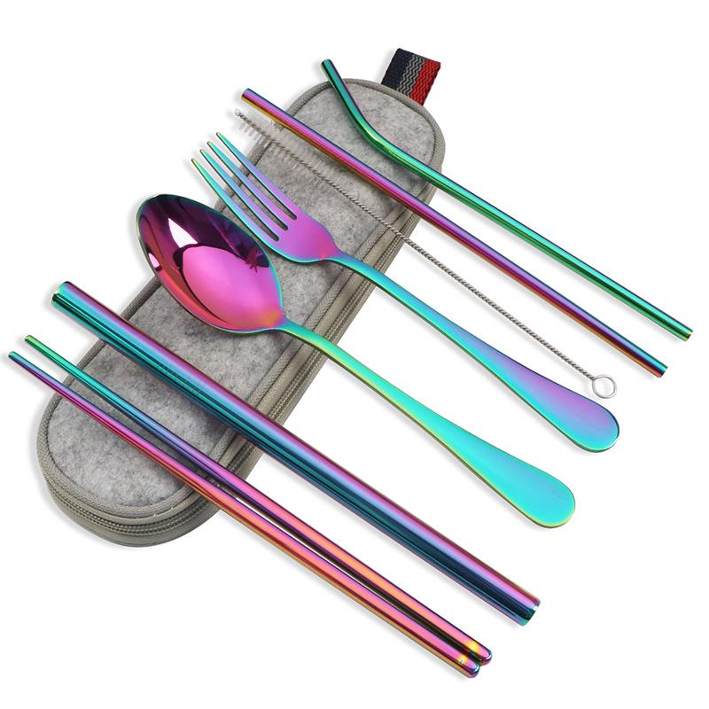 Stainless Steel Portable Tableware Stainless Steel Straw Chopsticks Fork Soup Spoon Combination Set Seven Piece Set Dinner Set