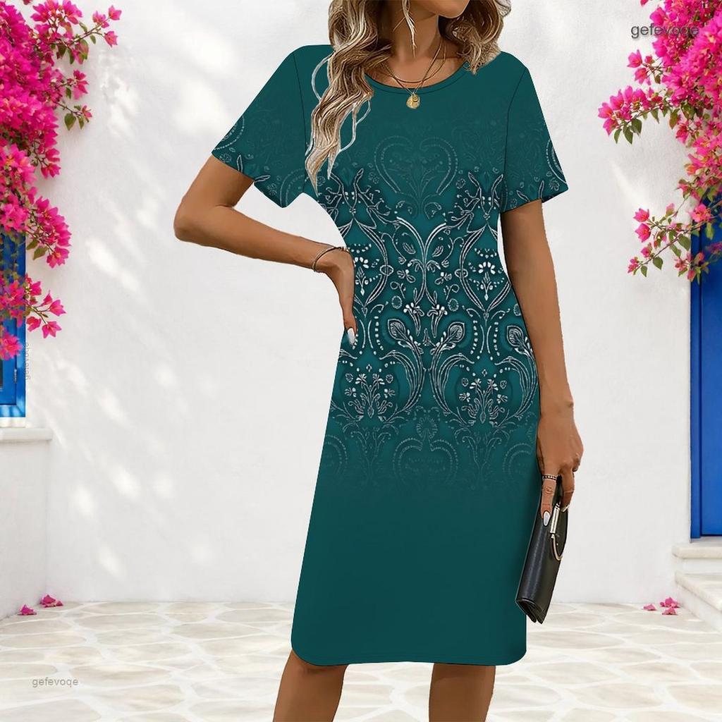 Women Plus Size Round Neck Short Sleeve Red Rose Printed White Fitted Dress