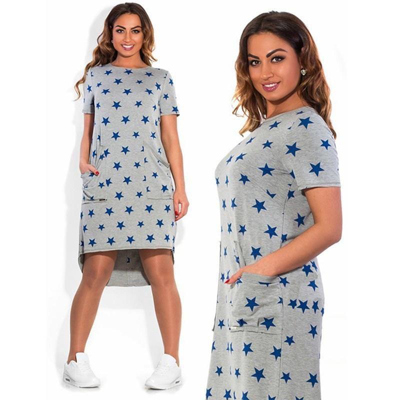 Summer Women Stars Printed Clothing Loose Fit Knee-length Casual Dress In Cotton Blend