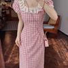French red plaid dress women's summer new small man huge good-looking beautiful waist pinch dress