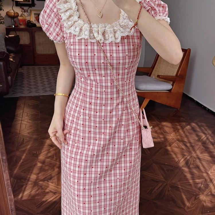 French red plaid dress women's summer new small man huge good-looking beautiful waist pinch dress