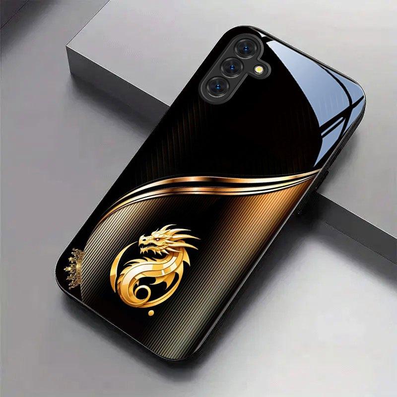 Black Gold Golden Dragon Pattern Glass Phone Case Suitable for Samsung Galaxy S26 S25 S24 S22 S21 S20 FE/Ultra/Plus Anti Drop