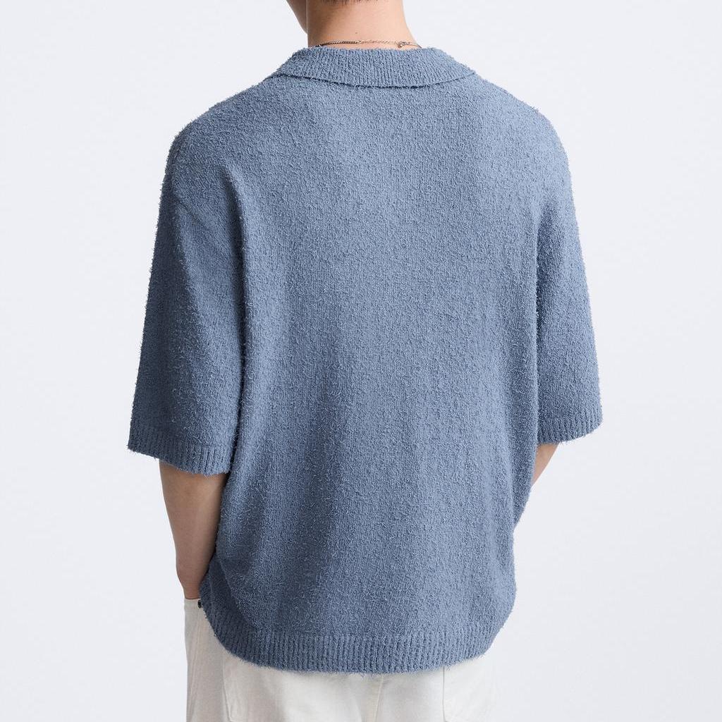 Zara Solid Color Simple Terry Jacquard Polo Shirt Men Polo Shirts Sky-Blue 9598323-403