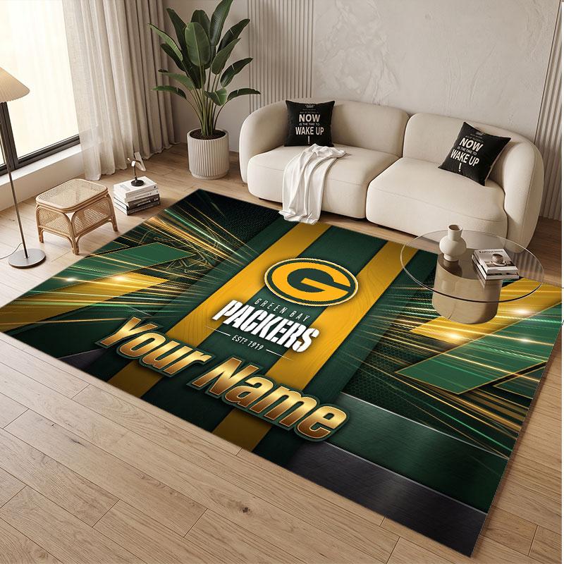 Custom Rug Green Bay Packers Pattern Print Name Text Soft Non‑Slip Floor Carpet for Home Indoor Decoration