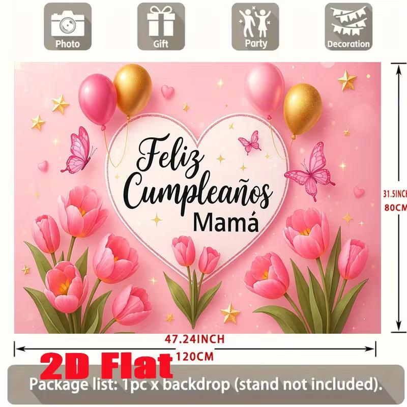 2D Mom Birthday Party Backdrop Pink Tulip & Balloon Decoration Banner