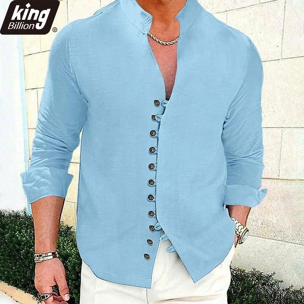 Men's Linen Blend Mandarin Collar Shirt - Asymmetric Button Placket Long Sleeve Casual Lightweight Summer Beach & Daily Top