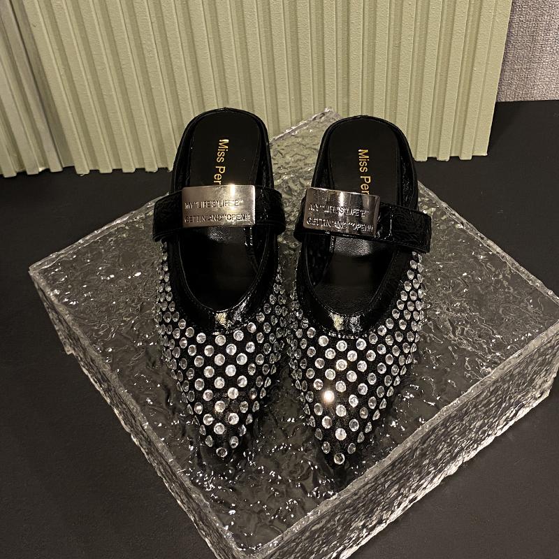Summer Women Slippers 2025 New Rhinestone Leisure Slipper Retro Pointed Toe Metal Buckle Fashion Half Slipper Sandalias De Mujer