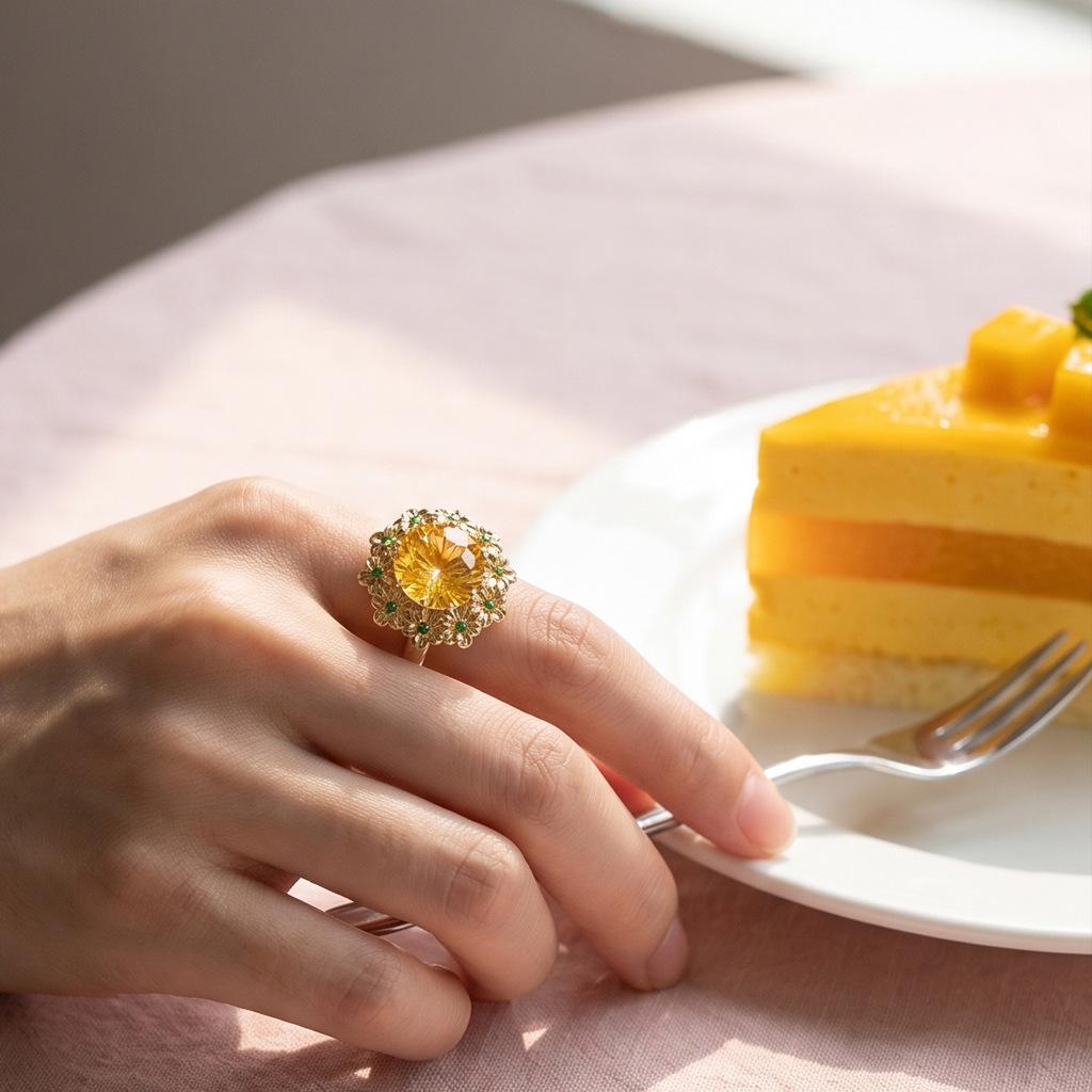 Fireworks Craftsmanship Cuts High-quality Imitation Yellow Crystal Ice Flowers To Attract wealth18K Gold Light Luxury Versatile Floral Open Ring