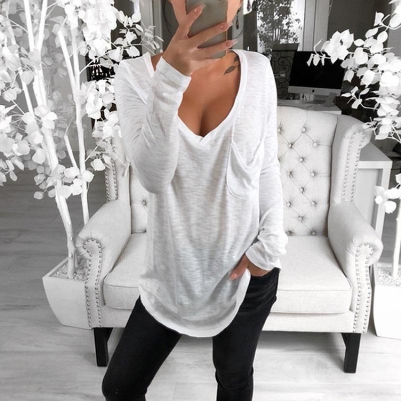 QICED Women's Fashion Casual Solid Color Print Long Sleeve V-Neck Blouses & Shirts