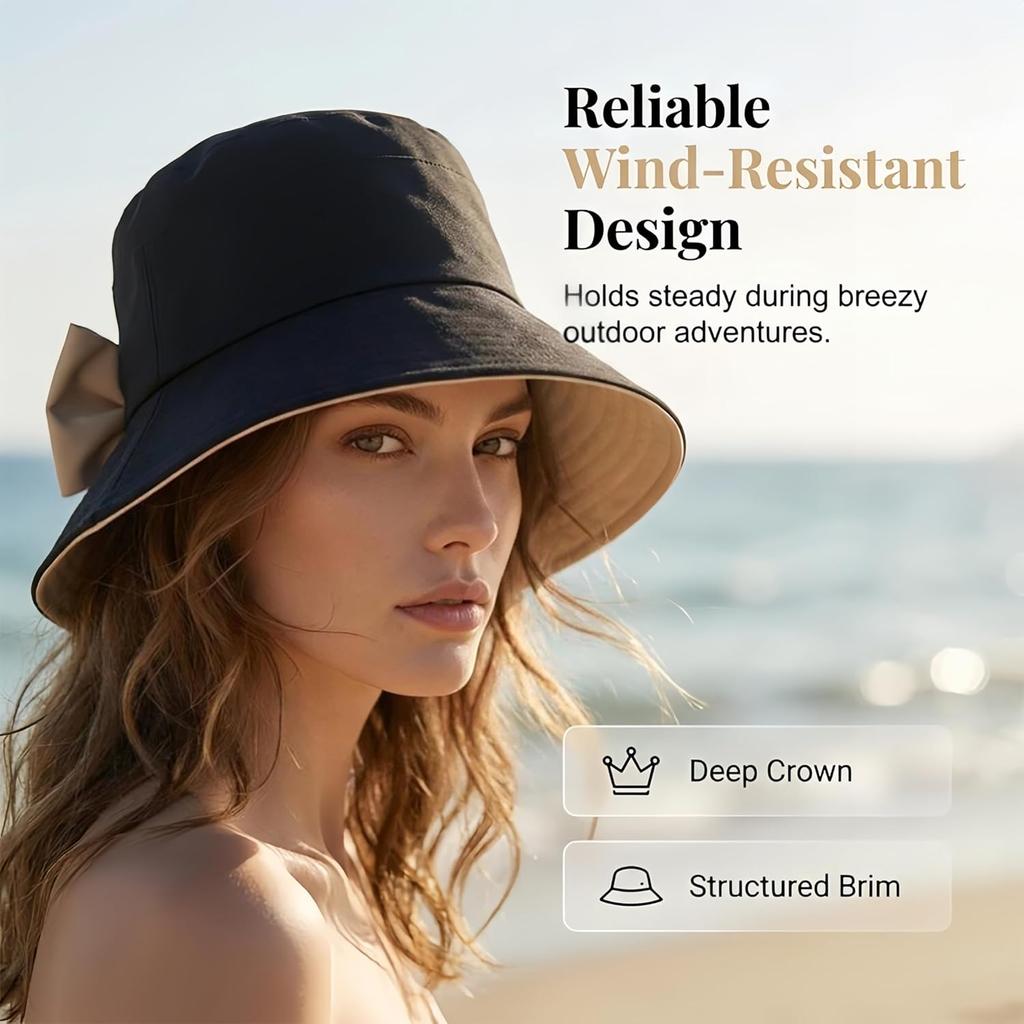Damen Sonnenhut mit Schleife und breiter Krempe – Faltbar 360° Schutz UV-Schutz Atmungsaktiv Sommer Reise Strandhut