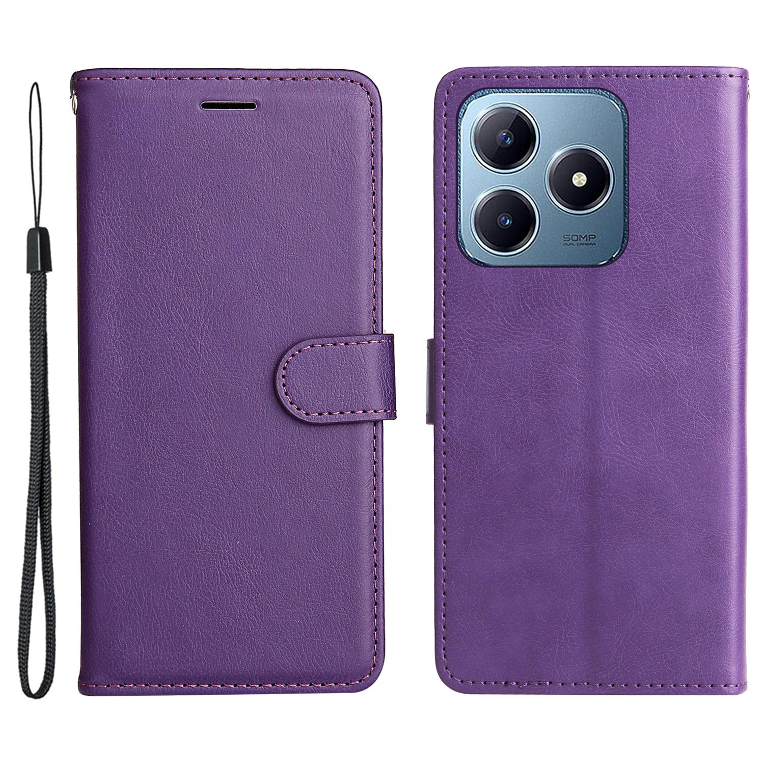 

Для Realme Note 60x 4G/C63 4G/C61 4G Чехол Однотонный Кожаный Мобильный Чехол Кошелек Подставка с Ремешком Purple