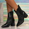 Eilyken Spring Autumn Fashion Sequin Fabric Zipper Ankle Boot Women Pointed Toe Square Heels Shoes Botines Mujer