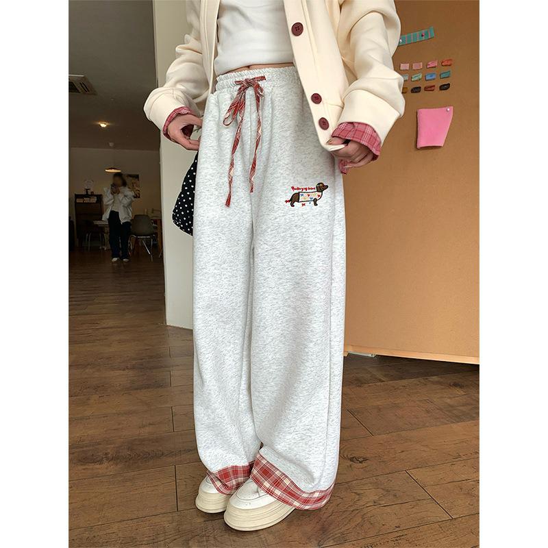 Women s Retro Plaid Patchwork Cuffed Sweatpants - Early Spring, Wide Straight Leg 3XL