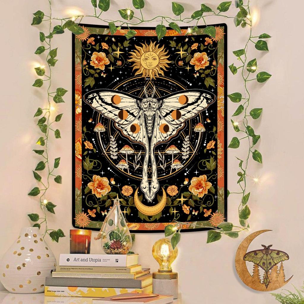 VIKAMA Retro Moth and Mandala Tapestry Aesthetics Bedroom Wall Decoration Living Room Dormitory Office Home Decor