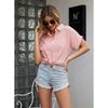 Baumwoll-Knopfleiste Kurzarmhemd Damen Lässig Einfarbig Lockerer Saum Umlegekragen Top Bluse