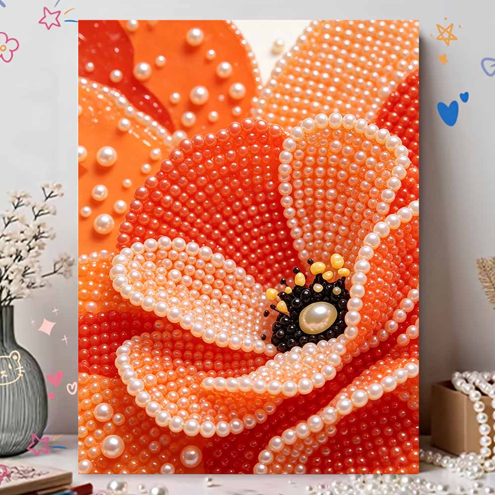 Elegant Framed Pearl Art DIY Set with Vibrant Orange Poppy Flower 5D Sparkling Bead Canvas Painting Ready to Display Romantic Home Decor Gift