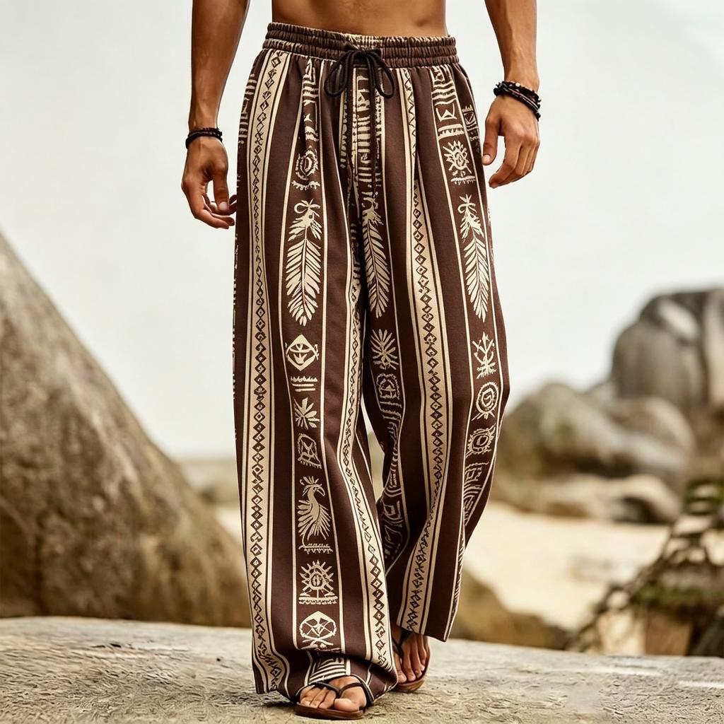 Women's Tribal Geometric Vertical Print Drawstring Wide Leg Pants, Casual Loose Trousers for Spring Summer Beach & Daily Wear