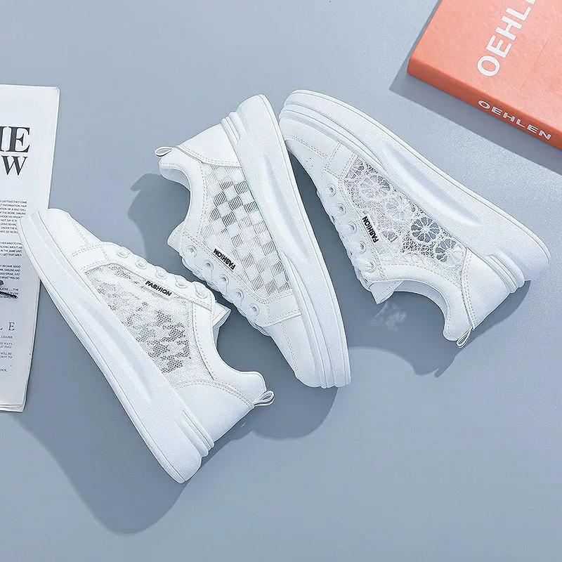Fashion Women's Shoes Summer Fashion Casual White Shoes Lace Breathable Hollow Mesh Platform Flat Shoes Woman Sneakers
