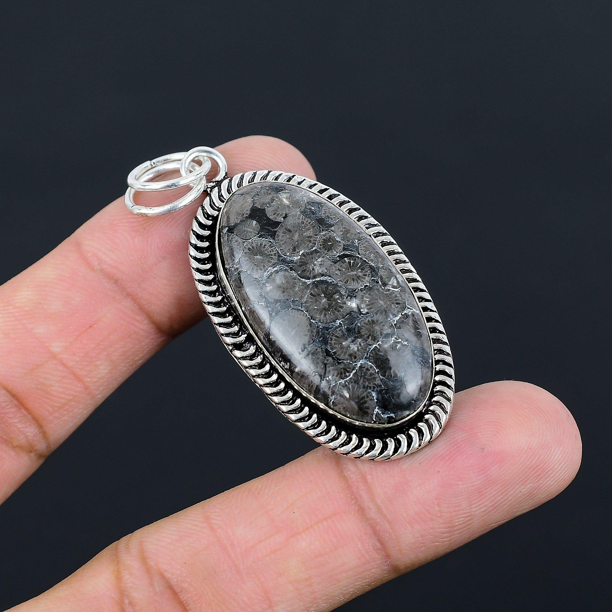 Sterling Silver Oval Root Chakra Black Fossil Coral Gemstone Trendy Wife Pendant