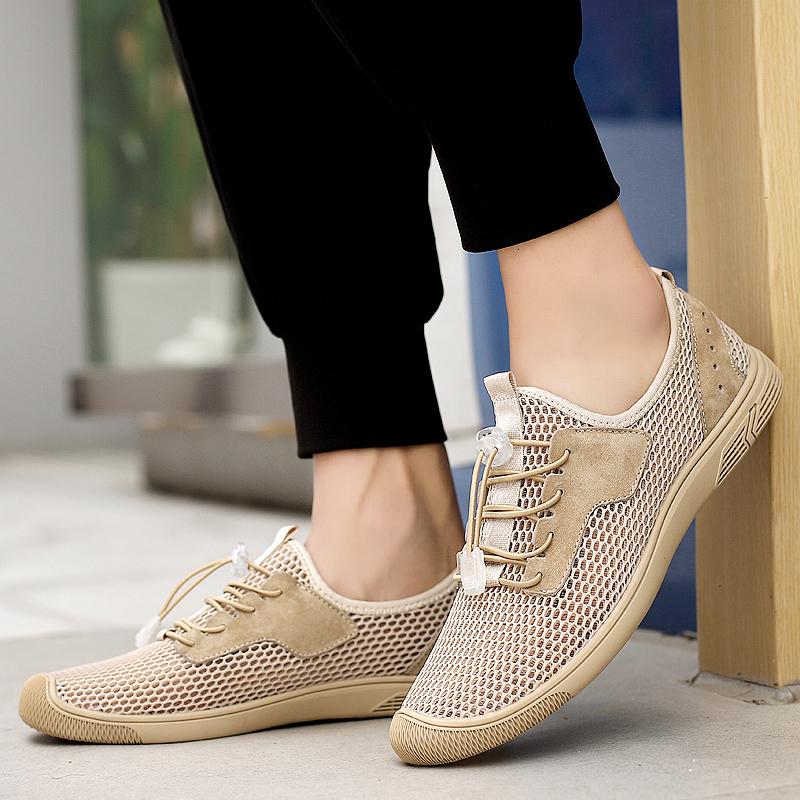 FashionMen's Shoes England Trend Casual Shoes Loafers Male Suede Leather Breathable Mesh Sneakers Weaving Slip on Summer Shoes Man Flat