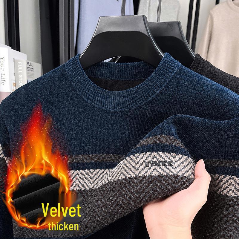 Winter Men s Plus Velvet Striped Round Neck Knit Sweater: Thick, Casual, Fashionable Trend. XXL