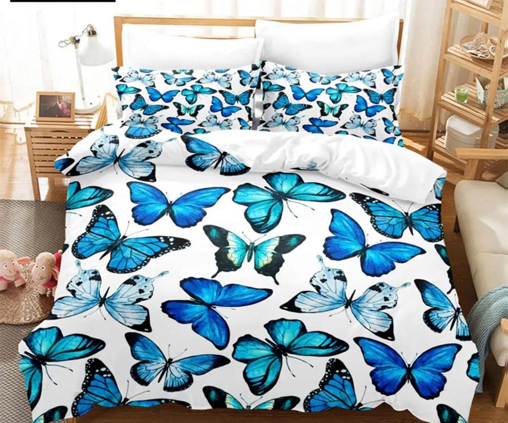 Blue Butterfly Duvet Cover Set King Queen Twin Size Double Bed Single 3D Queen Bedding Sets Pink Quilt Cover with 2 Pillowcases
