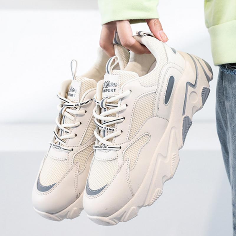 Women Platform Sneakers Fashion Breathable Chunky Casual Shoes Youth Girl Mesh+PU Thick Sole White Flats Female Walking Footwear